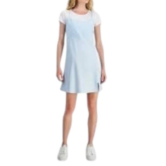 Madden Girl NWT Junior's 2 In 1 T-Shirt Slip Dress In Baby Blue and White Large - Picture 1 of 8